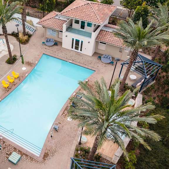 aerial view of a pool at casa mira view apartments, san diego, california