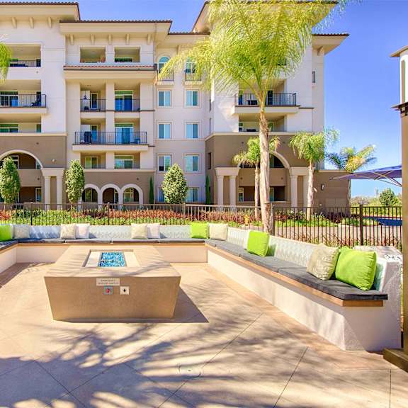 patio with fire pit at casa mira view apartments, san diego, 92126