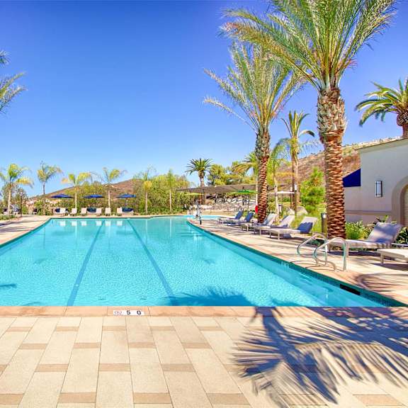 pool side relaxing area at casa mira view apartments, san diego, california