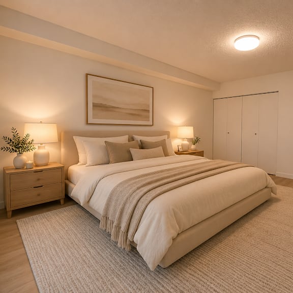 a bedroom with a large bed, two lamps, and a painting on the wall.