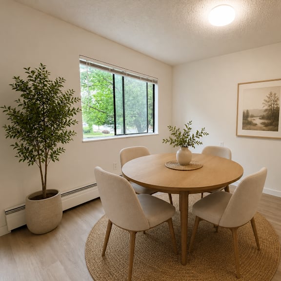 a dining room with a round table and chairs.
