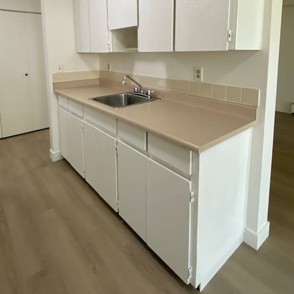a kitchen with white cabinets and a sink.