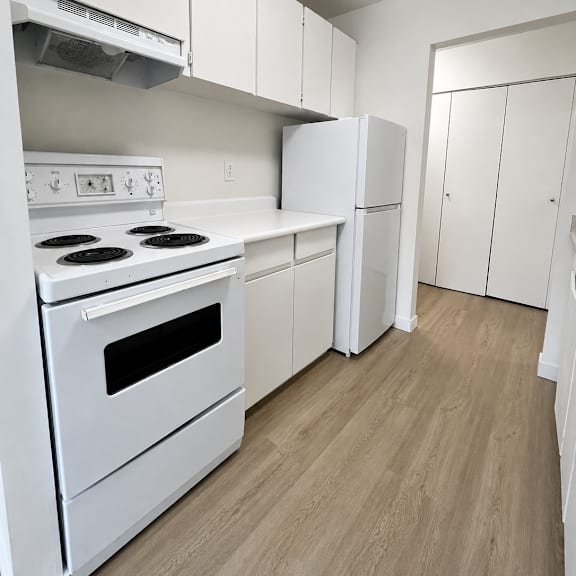 a white kitchen with a stove and cabinets.