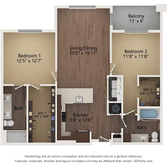 Thumbnail 2 of 2 2 bedroom 2 bathroom Floor plan D at The Residences at Galleria, Overland Park
