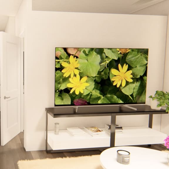 Thumbnail 4 of 12 a kitchen with white cabinets and a large painting of yellow flowers on the wall at Brownstones at Palisade Park Townhomes, Broomfield, 80023