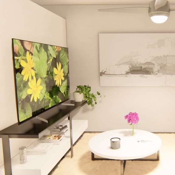 Thumbnail 5 of 12 a rendering of a living room with a white couch and coffee table at Brownstones at Palisade Park Townhomes, Broomfield, CO