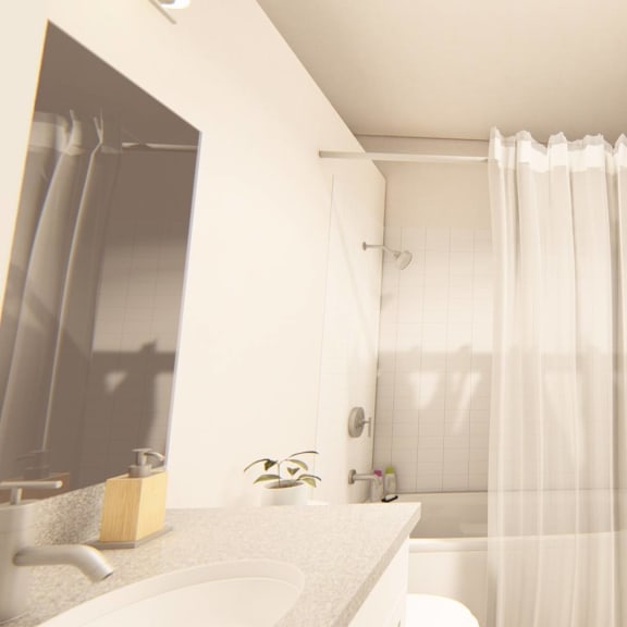 Thumbnail 9 of 12 a bathroom with a white sink and a white shower curtain at Brownstones at Palisade Park Townhomes, Broomfield Colorado