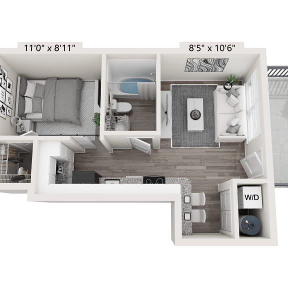 Thumbnail 1 of 12 a floor plan of a one bedroom apartment with a bathroom and a balcony at Brownstones at Palisade Park Townhomes, Colorado, 80023