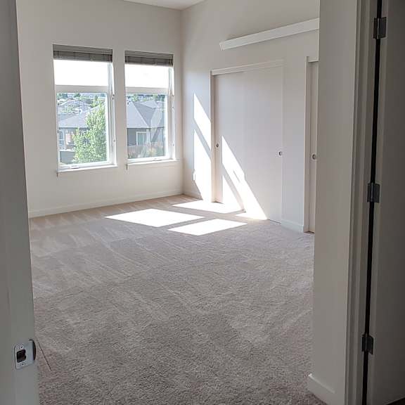 a bedroom with two windows and a door
