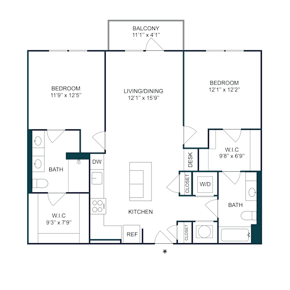 Thumbnail 2 of 2 Two bedroom floor plan with bathrooms at The Terrace Apartments, Frederick, MD 21701