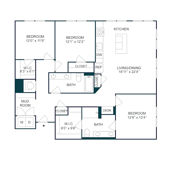 Thumbnail 2 of 2 Three bedroom floor plan with mudroom and dual bathrooms at The Terrace Apartments, Maryland