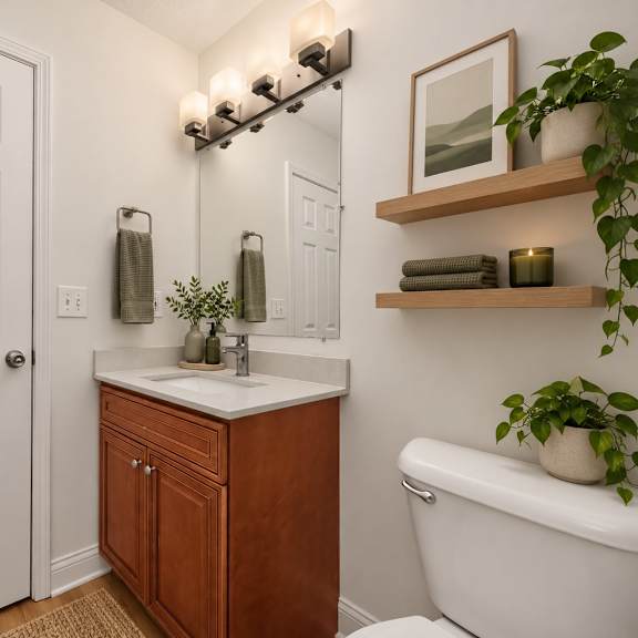Thumbnail 4 of 8 A white door is on the left of a bathroom with a sink and a plant.