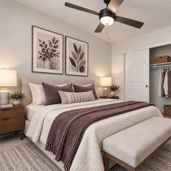 Thumbnail 3 of 8 A bedroom with a large bed and a ceiling fan.