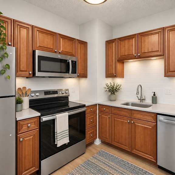 Thumbnail 2 of 8 A kitchen with wooden cabinets and stainless steel appliances.