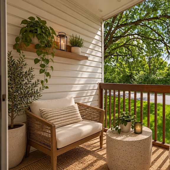 Thumbnail 6 of 8 A white chair with a striped pillow sits on a porch.