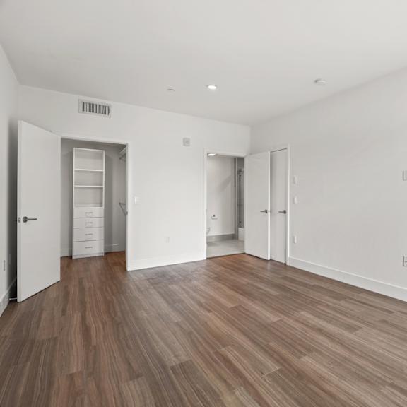 bedroom with walk-in closet with built-in organizers