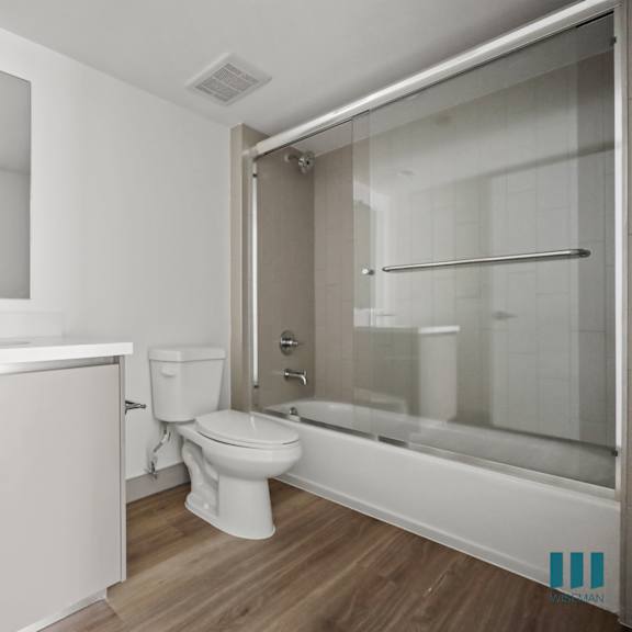 a bathroom with a shower toilet and sink and a mirror
