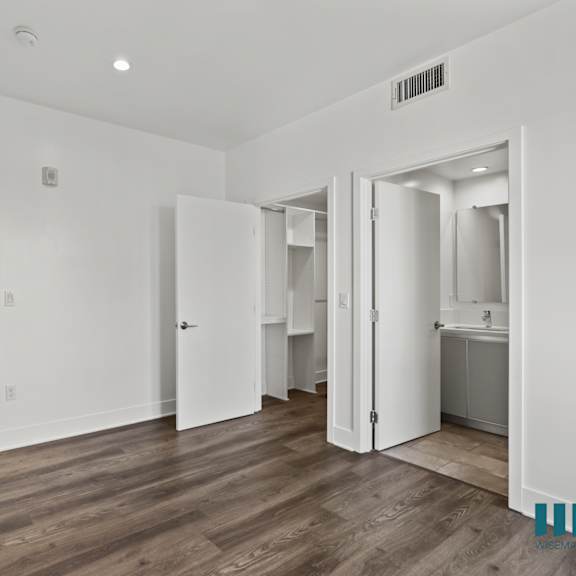 bedroom with bathroom, walk-in closet, and vinyl flooring