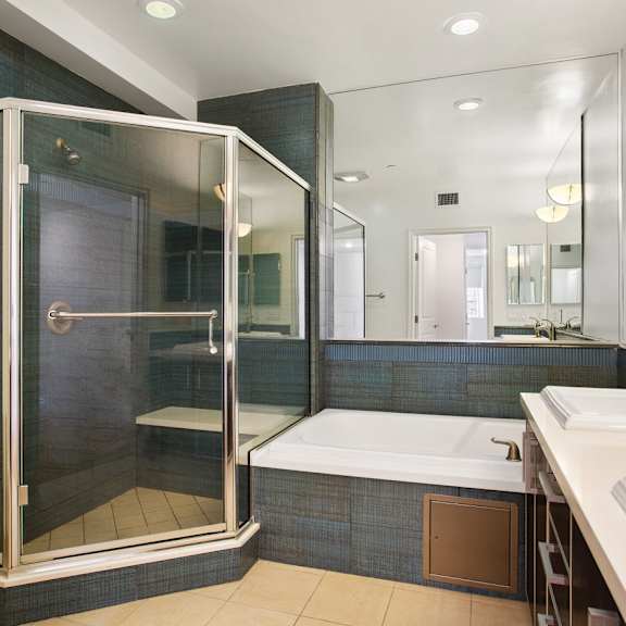 bathroom with large-size bathtub, stand-up shower, and double-sink vanity