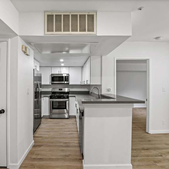 front entrance of apartment with a hall closet, and an open-concept kitchen with energy-efficient appliances