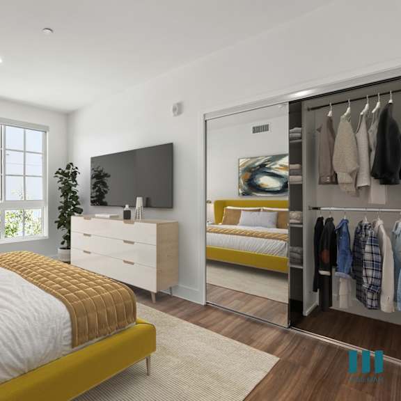 bedroom with mirrored closet, vinyl flooring, recessed lighting, and large-size windows