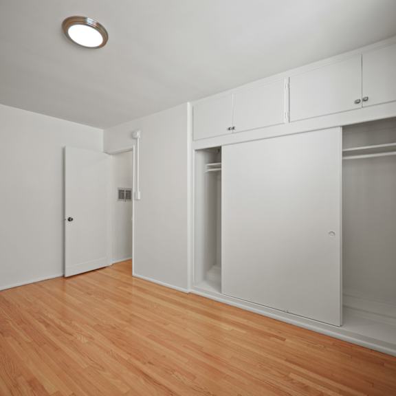 bedroom with a large-size closet, cabinet storage, and hardwood flooring
