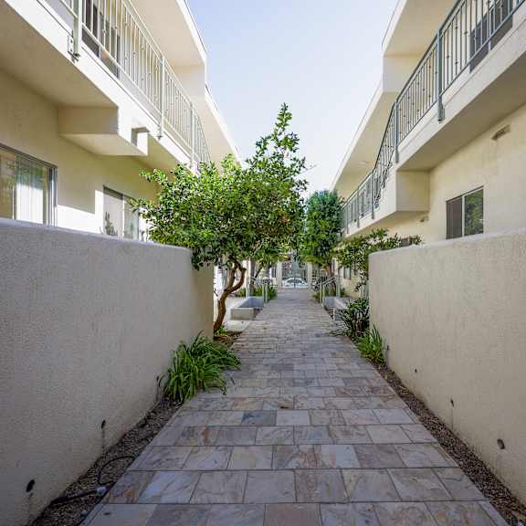the walkway between the apartments is lined with trees and plants