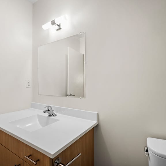 a bathroom with a sink and a mirror and a toilet