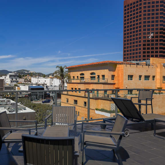 view of the city from the rooftop deck