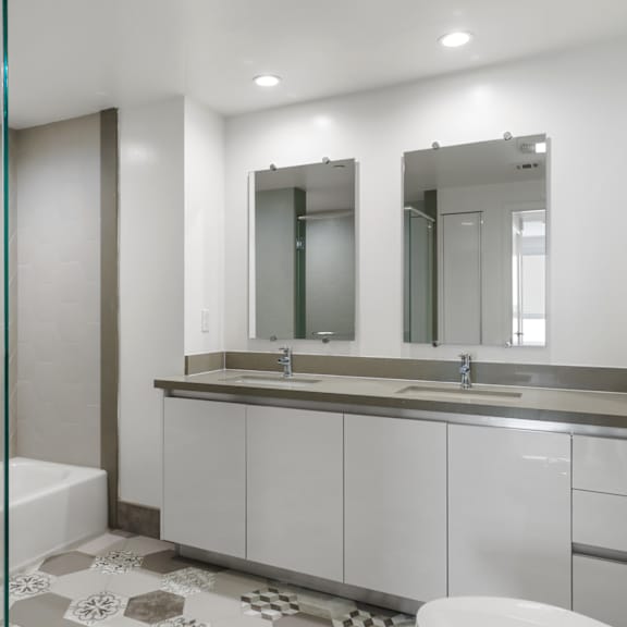 bathroom with double-sink vanity, bathtub, and large walk-in shower