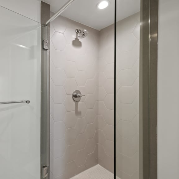 walk-in shower with glass shower door