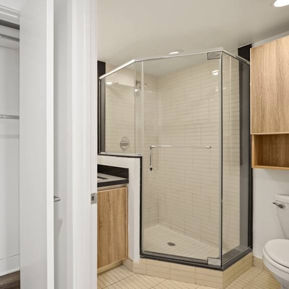 bathroom with stand-up shower and linen closet