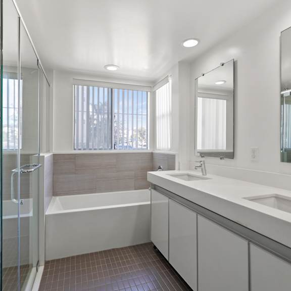 bathroom with double-sink vanity, bathtub, and stand-up shower