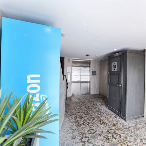 lobby with amazon package locker