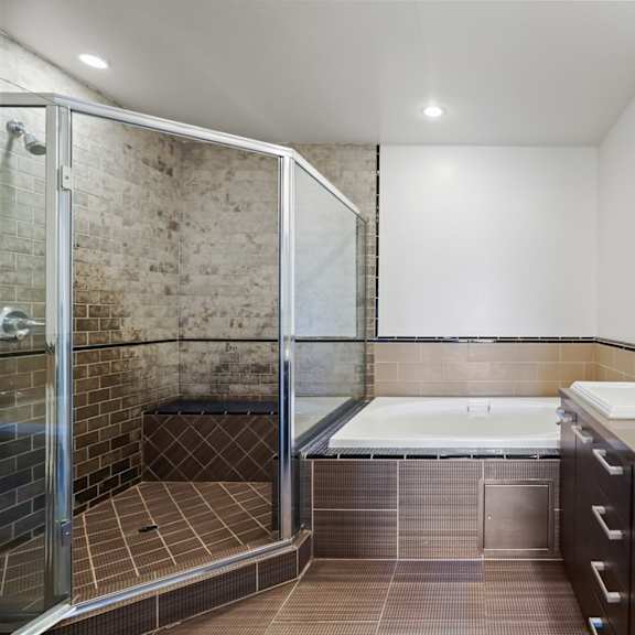 bathroom with double-sink vanity, bathtub, and large walk-in shower