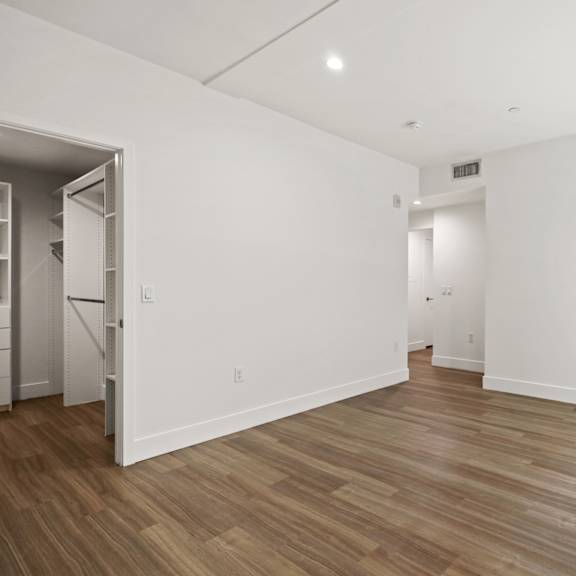bedroom with walk-in closet, vinyl flooring, recessed lighting, and large window