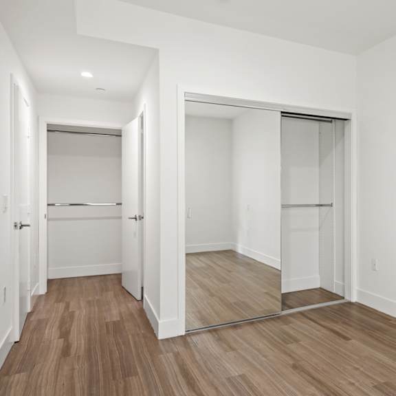 bedroom with two closets and vinyl flooring