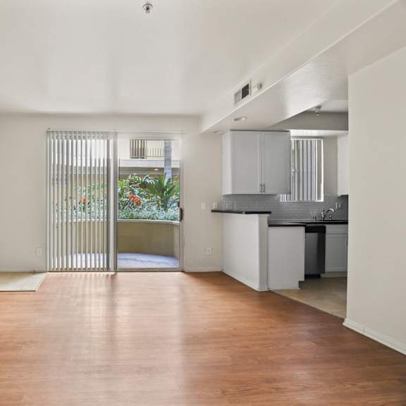studio apartment with vinyl flooring, kitchen, and patio