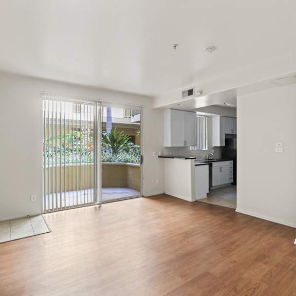 studio apartment with vinyl flooring and natural light