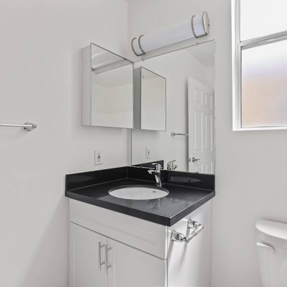 bathroom with windows and vanity cabinet storage
