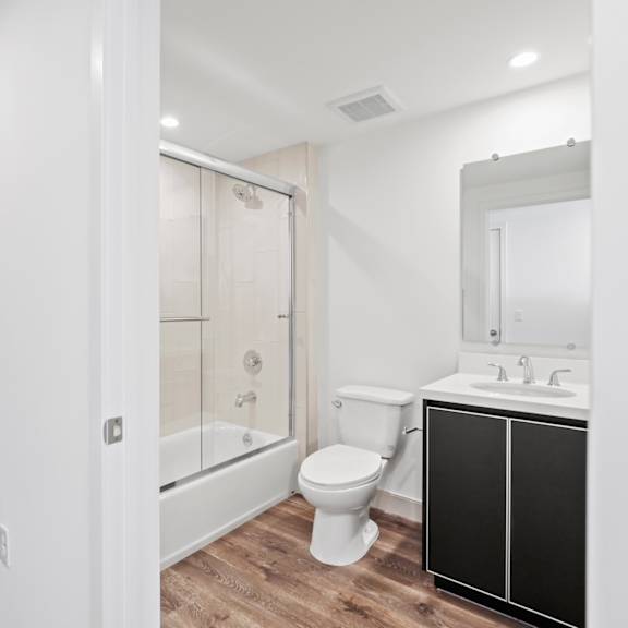 bathroom with shower bath and vanity cabinet storage
