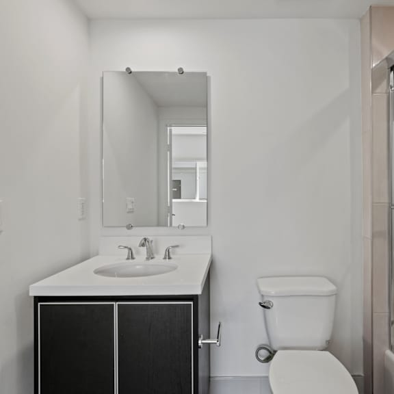bathroom with shower bath with glass door and vanity cabinet storage
