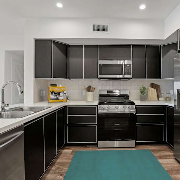 spacious kitchen with stainless-steel refrigerator, stove, microwave oven, and dishwasher