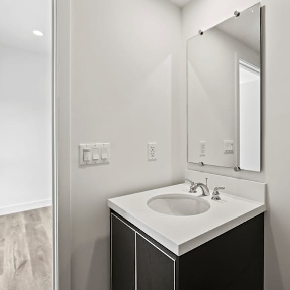 a bathroom with a sink and a mirror