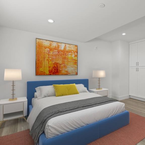 bedroom with built-in cabinet storage and vinyl flooring
