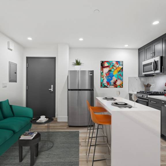 open-concept kitchen, dining, and living room space