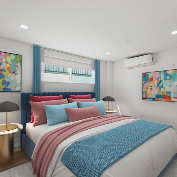 bedroom with vinyl flooring and recessed lighting