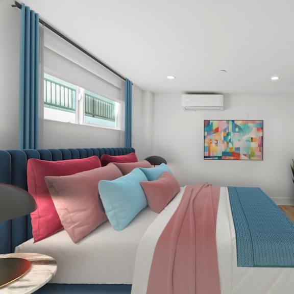 bedroom with recessed lighting and vinyl flooring