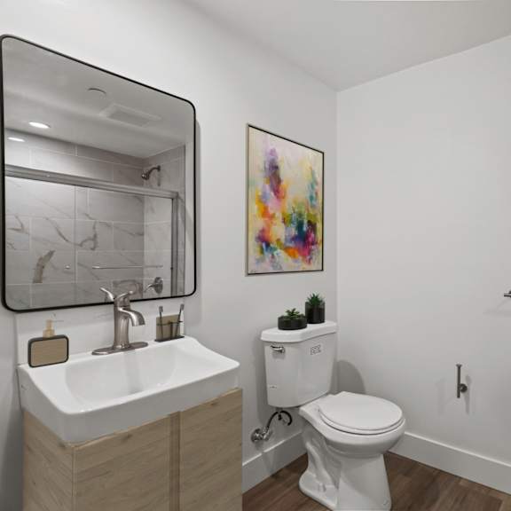 bathroom with shower bath and vanity cabinet storage