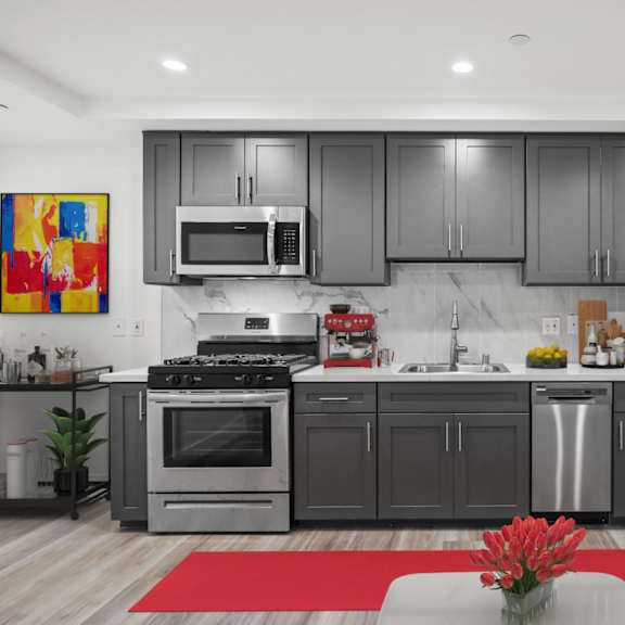 kitchen with stainless-steel refrigerator, stove, microwave oven, and dishwasher